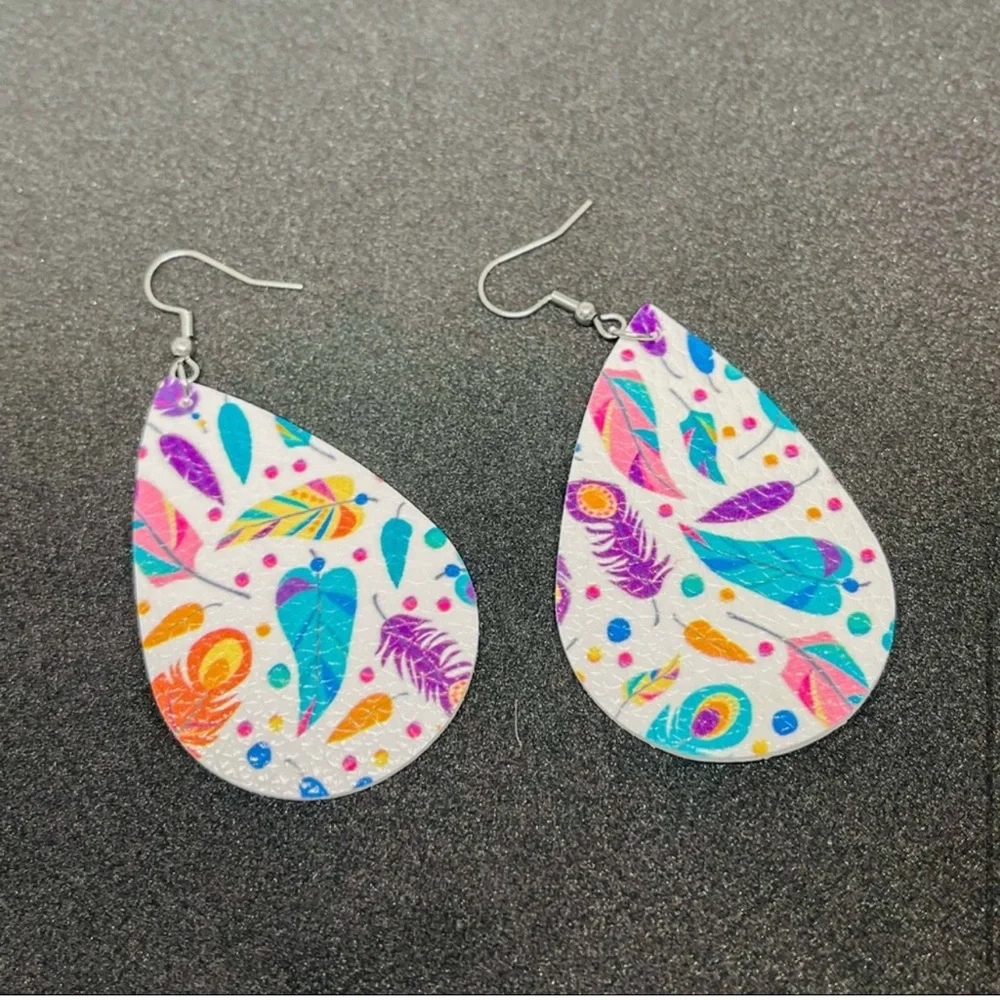 New Handmade S925 Sterling Silver Leather Rainbow Feather Dangle Earrings